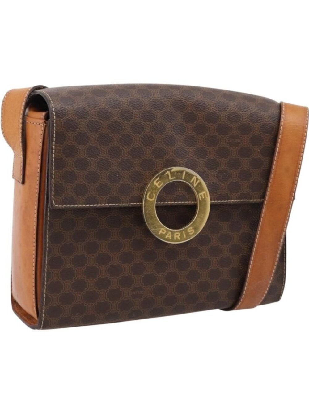 CELINE Macadam Canvas Circle Shoulder Bag PVC Leather Brown Gold